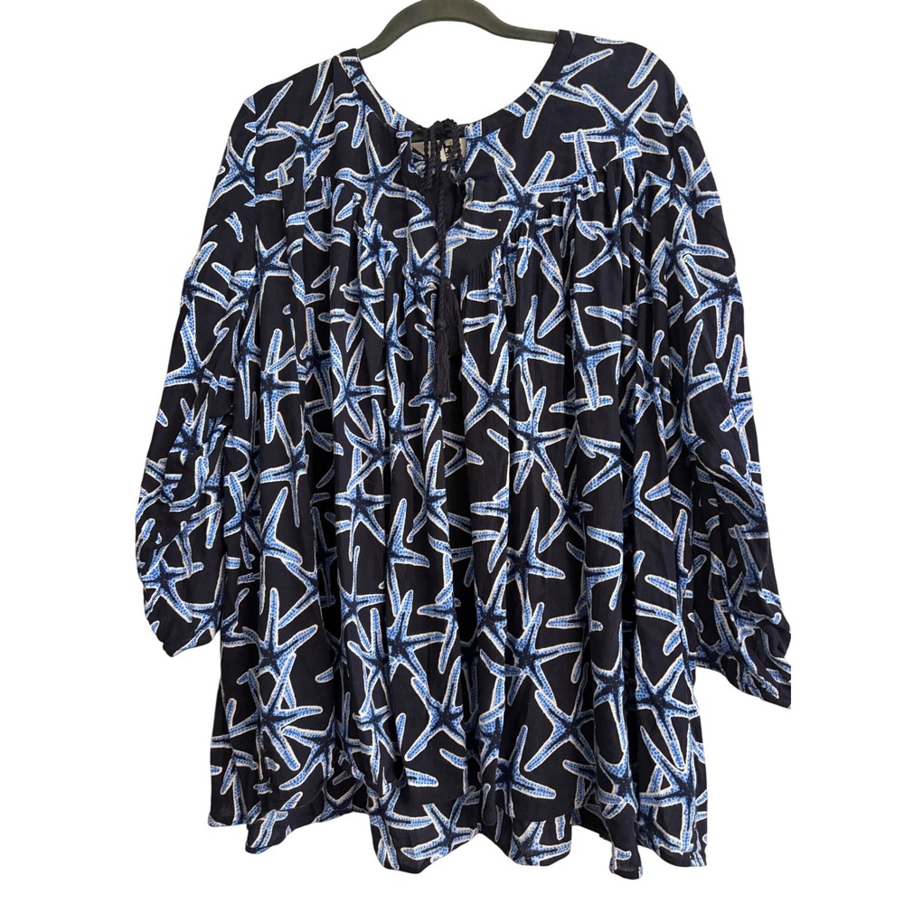Crown & Ivy Peasant Blouse 3X Navy Blue Starfish, Coastal, Beach, Boho, Summer